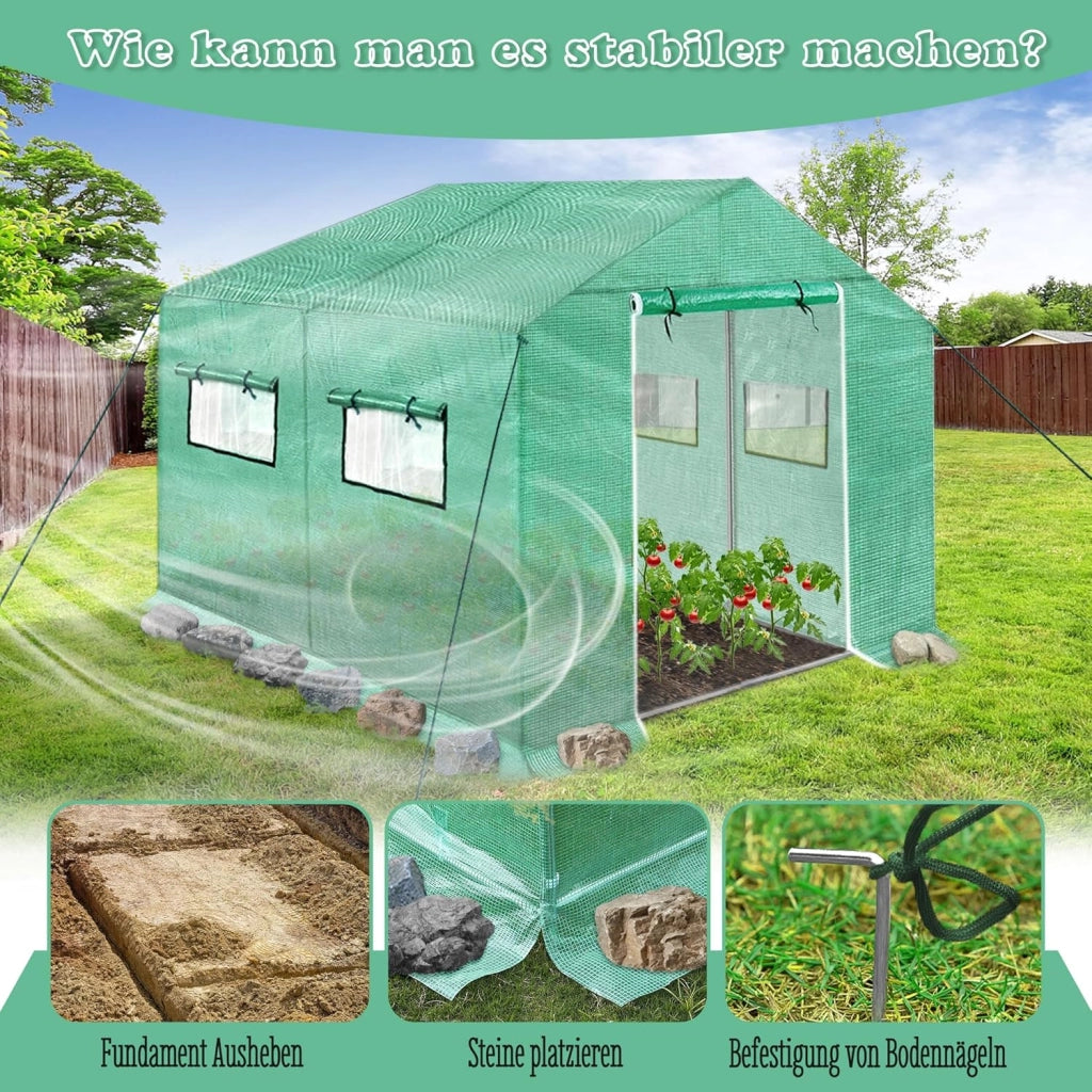 Serra da giardino in pellicola, 4,5 x 2 x 2 m, con porta e lontano, per pomodori, per piante da giardino, verde