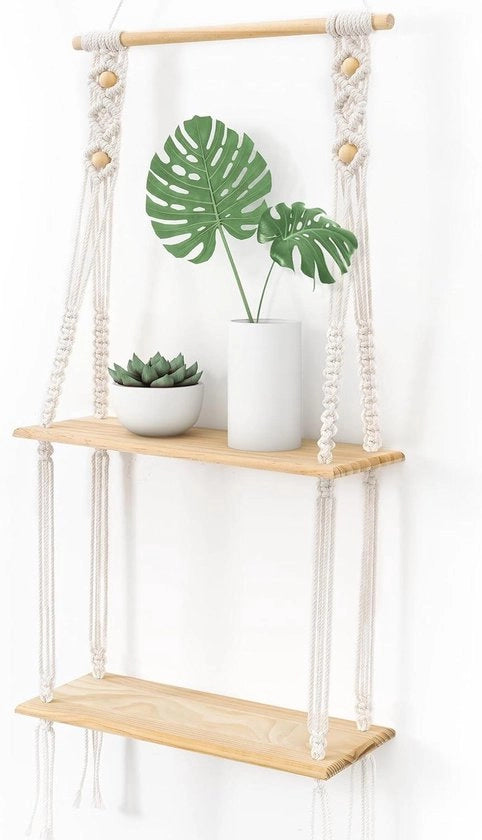 Decorazione da parete in stile boho decorativo, macramé, a mano, con tavola galleggiante, per piante, per balcone, camera da letto, bagno, in stile boho per soggiorno, ingresso, camera dei bambini.