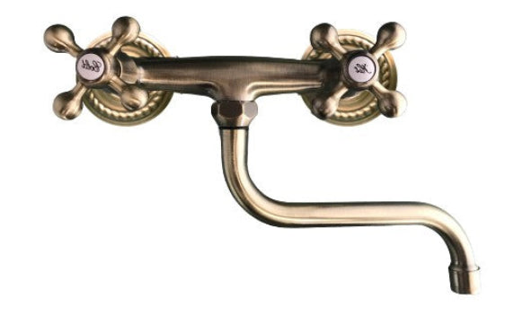 Rubinetto gruppo lavello a parete bronzato, vecchio ottone maniglie a stella rosoni decorati