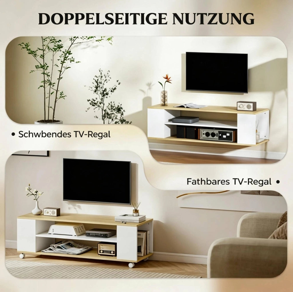 Mobile TV con ruote o montaggio a parete, 120 cm, bianco/naturale