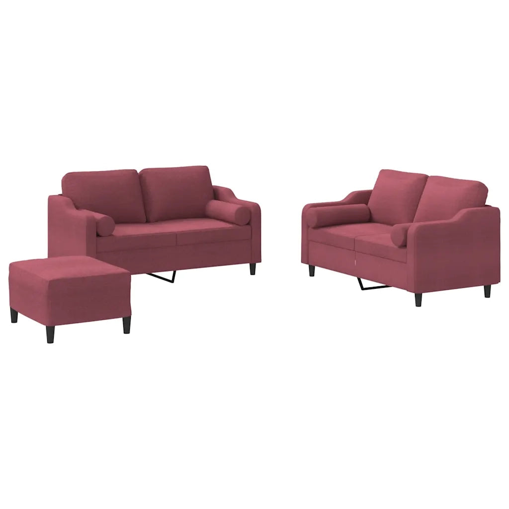 Set di Divani 3 pz con Cuscini Rosso Vino in Tessuto