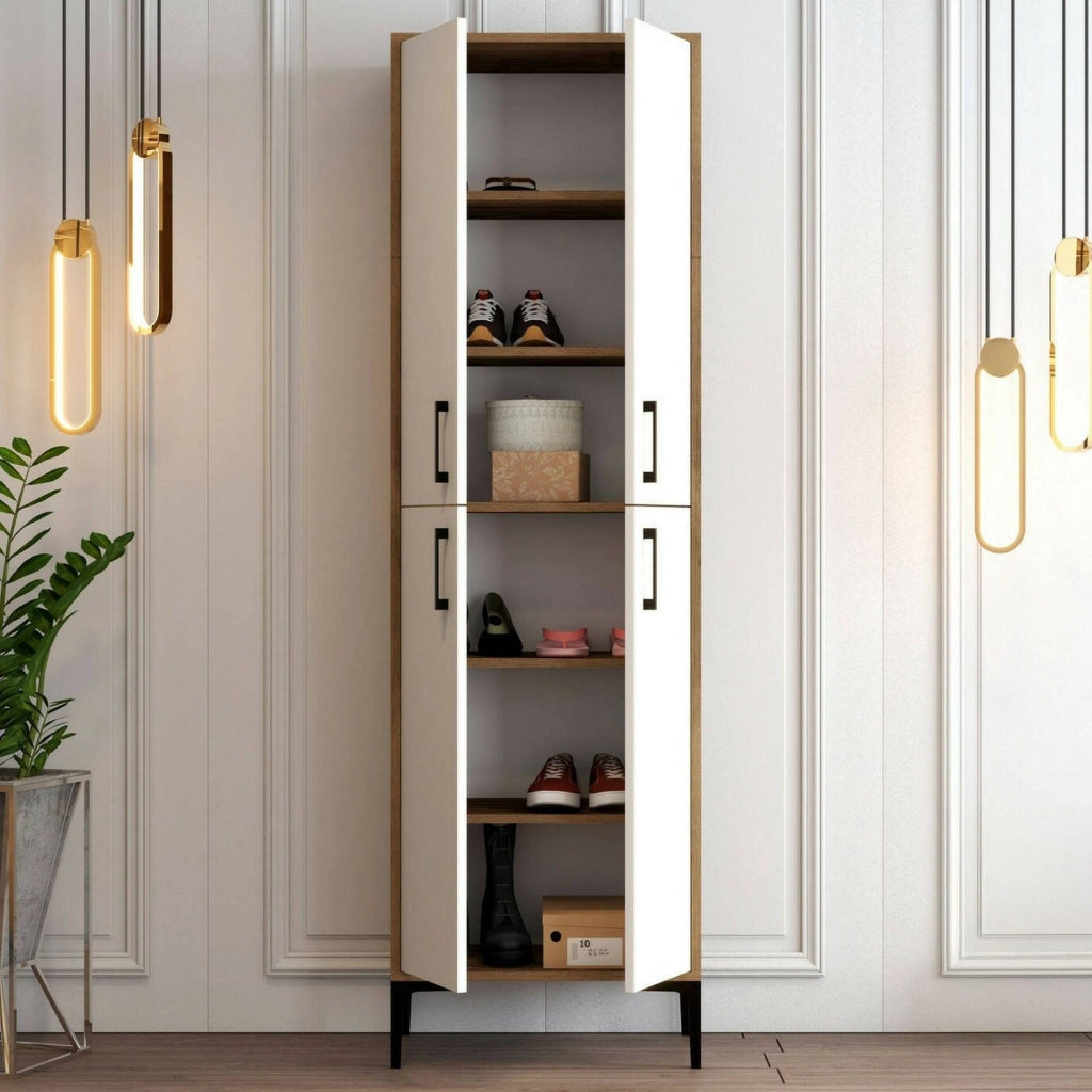 Scarpiera Sebastien, Mobile portascarpe, Armadio da ingresso multiuso, Mobiletto per calzature, 60x35h200 cm, Noce e Bianco