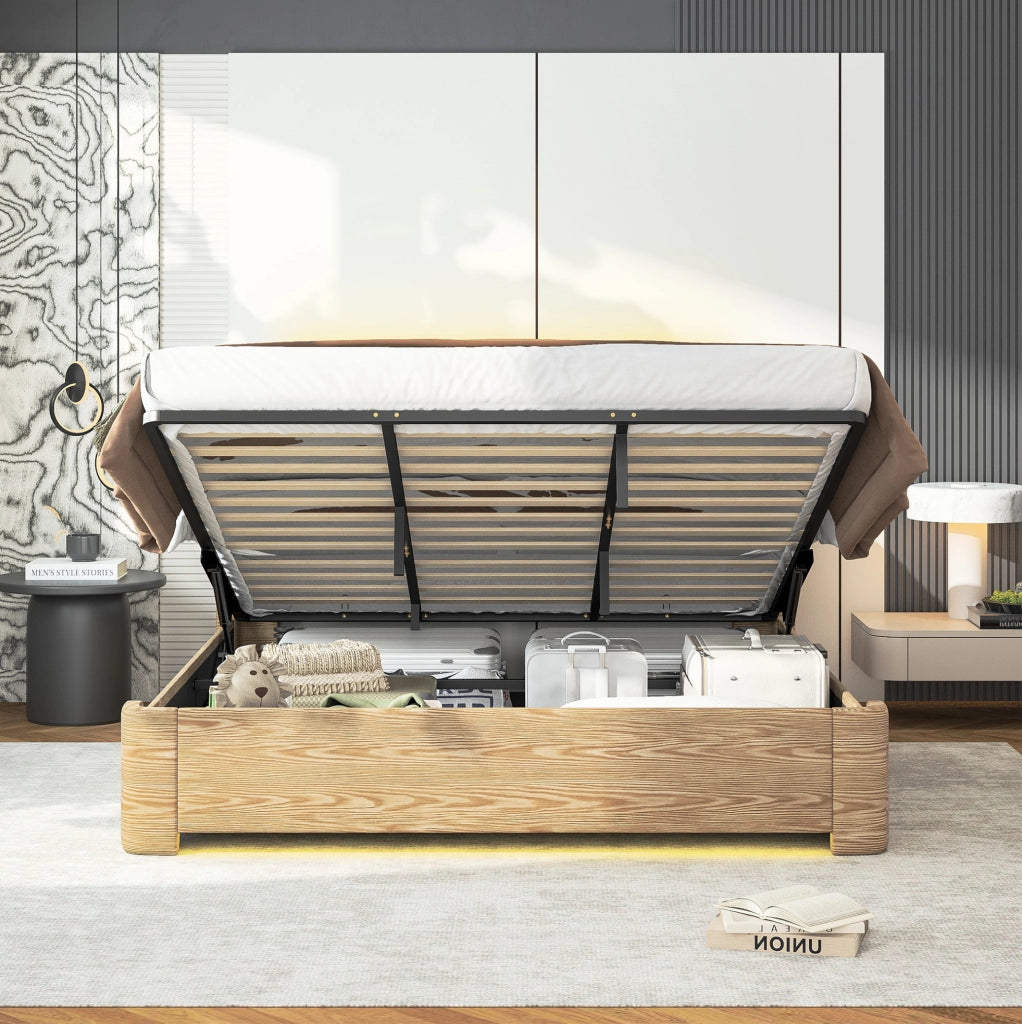 Letto contenitore 213.5x193.5x103.5 cm con illuminazione LED a 7 colori; velluto beige