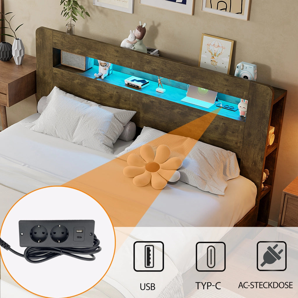 LETTO Piattaforma con testiera contenitore, LED e prese, 140x200 cm, Legno vintage