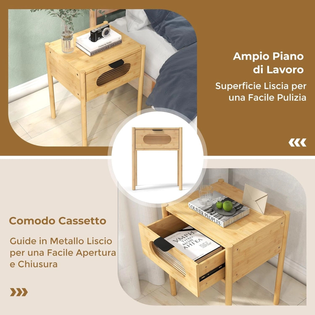 Comodino Camera da Letto in Bambù, Comodino con Cassetto in Vetro Temperato e Maniglia, Tavolino da Letto Piccolo con Gambe Rialzate per Soggiorno, Cameretta e Spazi Ridotti, Naturale (1)