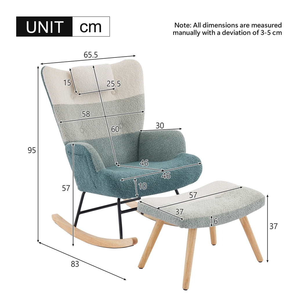 Poltrona a dondolo in bouclé con schienale alto, tasca laterale e struttura in metallo e legno multicolore 83 × 65,5 × 95 cm