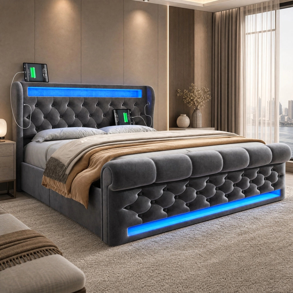 Letto matrimoniale 160x200 cm con LED, ricarica USB e Type C, velluto grigio