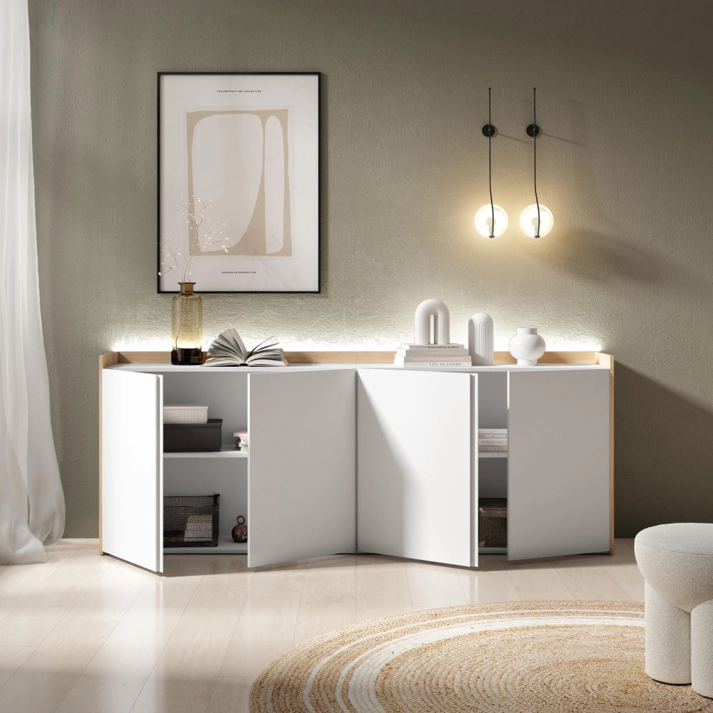 Credenza, Mobile, Cucina, 207x80x35 cm, 4 Porte, LED, Bianco e Rovere soft