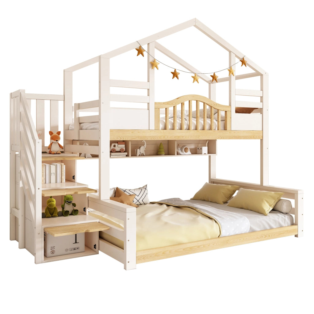 Letto a Castello 90x200 cm e 140x200 cm - Scala Contenitore e Mensole - Bianco