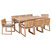 Set da Giardino Legno di Acacia chiaro con Tavolo e 8 Sedie con Cuscini blu e bianco giardino terrazzo