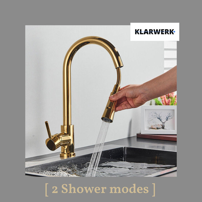 JANA | Rubinetto da cucina estraibile Premium in acciaio inox oro lucido miscelatore arco alto | gastro alta pressione ruotabile a 360° 2 attacchi