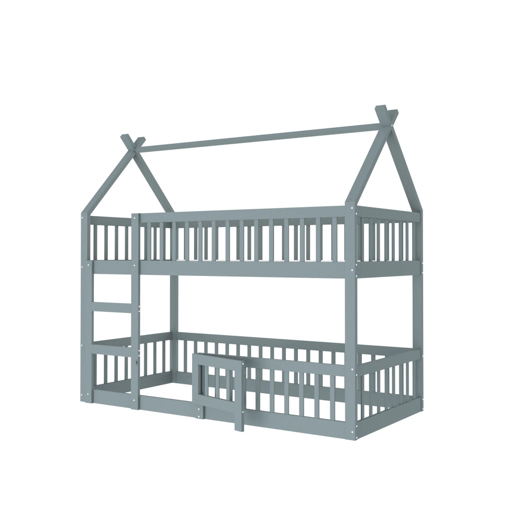 OKWISH Letto a Castello 90×200 cm, Letto Singolo con Scala, Sponde Alte e Porta Apribile, senza Materasso, in Legno, Grigio