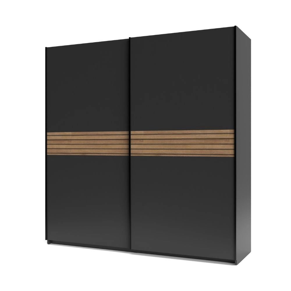 Armadio due ante scorrevoli Metropol colore antracite e inserti rovere – 200x58,1x204,5H
