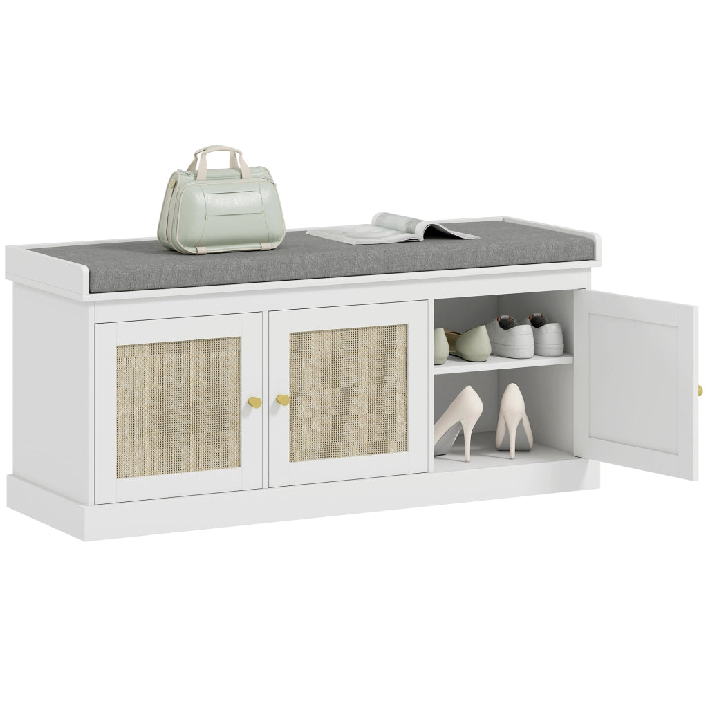 Panca portascarpe con 3 ante in rotin, 9 paia, ripiani regolabili e cuscino ¨C Xylo ¨C Bianco 105x35x47cm