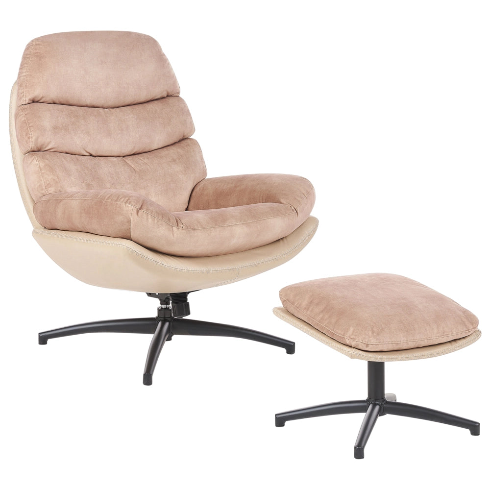 Poltrona girevole con poggiapiedi Velluto beige Base singola Seduta imbottita