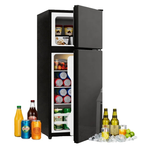 Mini frigorifero con congelatore; indipendente; volume totale 92L; congelatore da 28L; porta di vetro; illuminazione LED; basso rumore; mensole rimovibili in vetro; nero