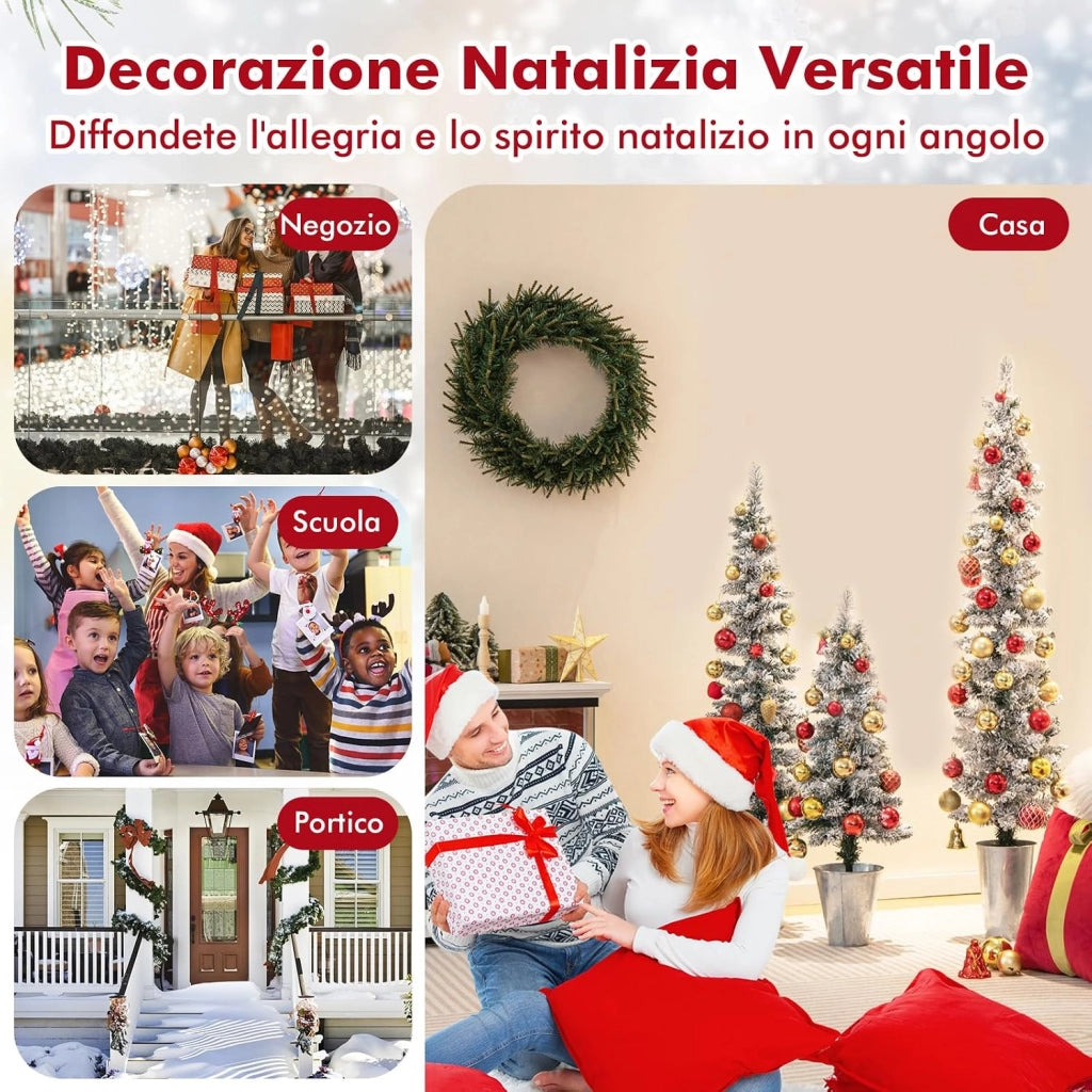Set di 3 Alberi di Natale Artificiali da 90 CM + 120 CM + 150 CM | Alberi di Natale Slim Innevati con 120 + 140 + 160 Punte di Rami e Barili di Metallo Riempiti di Cemento