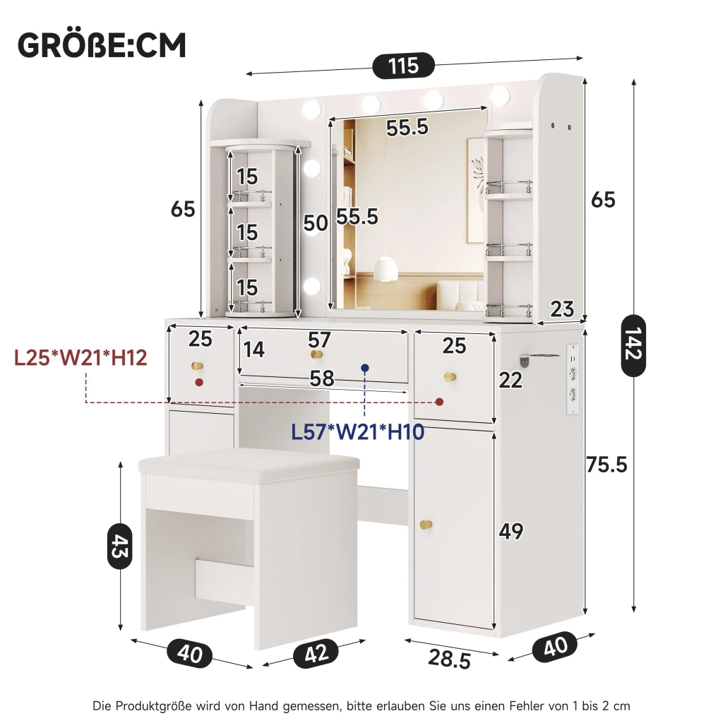 Toeletta con specchio LED dimmerabile; organizer girevole e USB-C; 115x40x142 cm; bianca