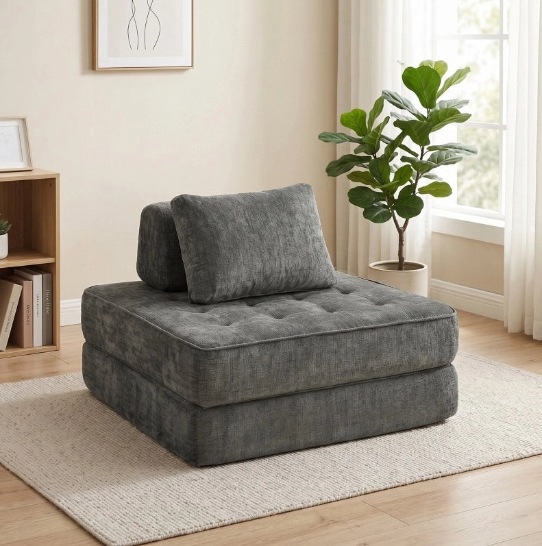 Poltrona Letto Pieghevole 2-in-1 in Chenille Grigia con Cuscino di Supporto Spesso