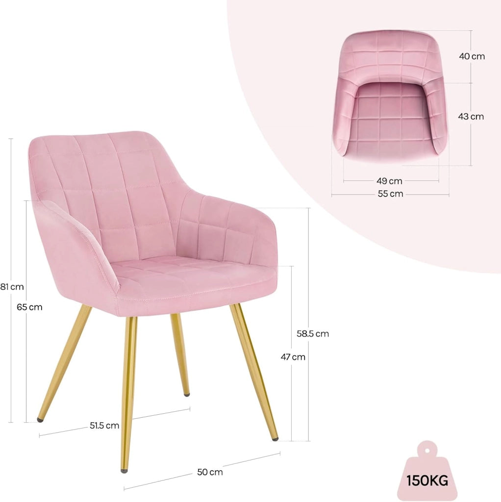 Sedia per Sala da Pranzo Imbottita, Poltroncina in Velluto,Sedia da Cucina con Braccioli e Schienale, Gambe in Metallo, moderne,Rosa, BH232rs-1