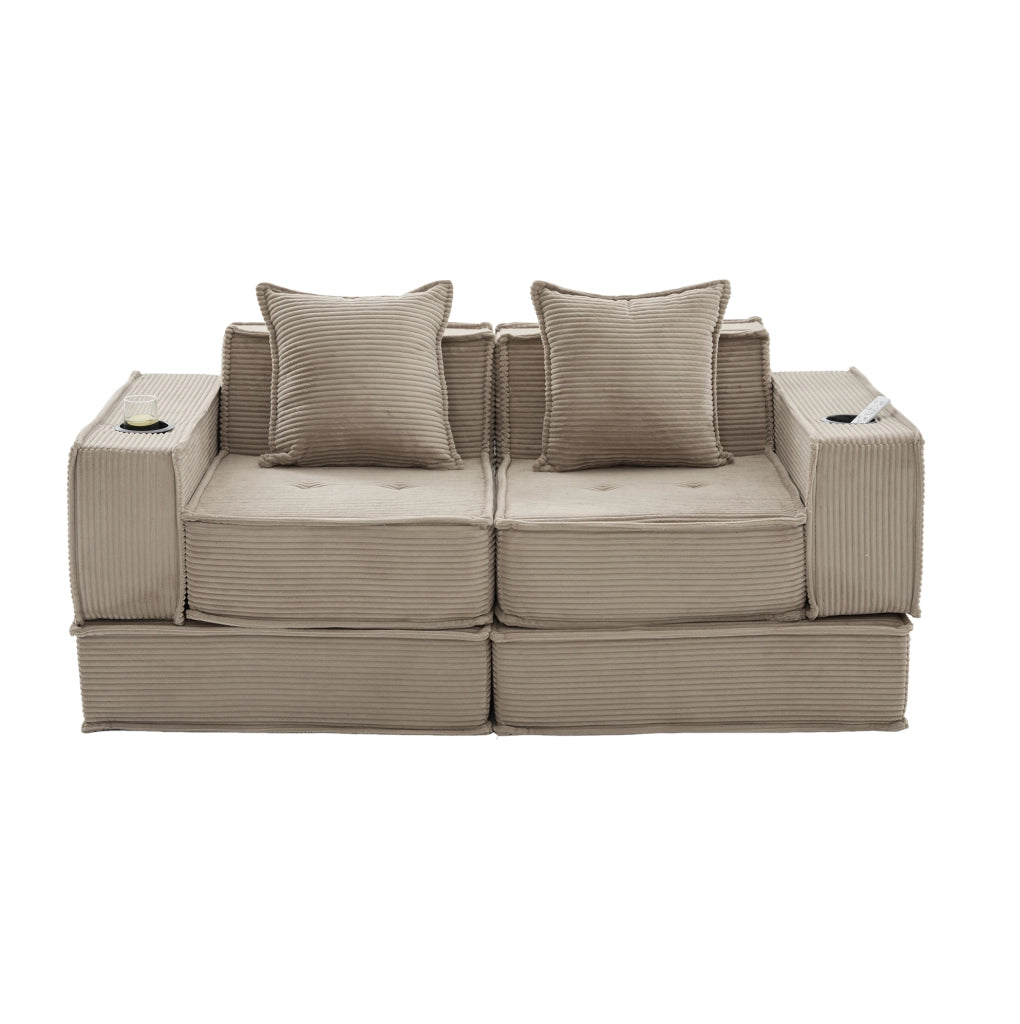 Divano ULEVR 162x78x66 cm in velluto a coste kaki con 2 cuscini e tasche laterali
