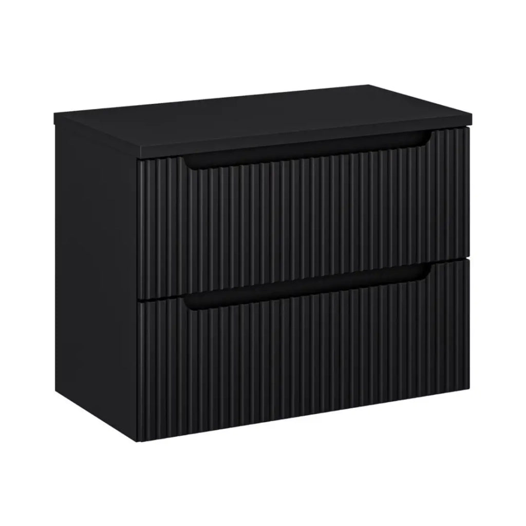 Set da bagno sospeso VANO 80cm: mobile sotto lavabo con cassetti scanalati nero opaco + piano per lavabo nero opaco