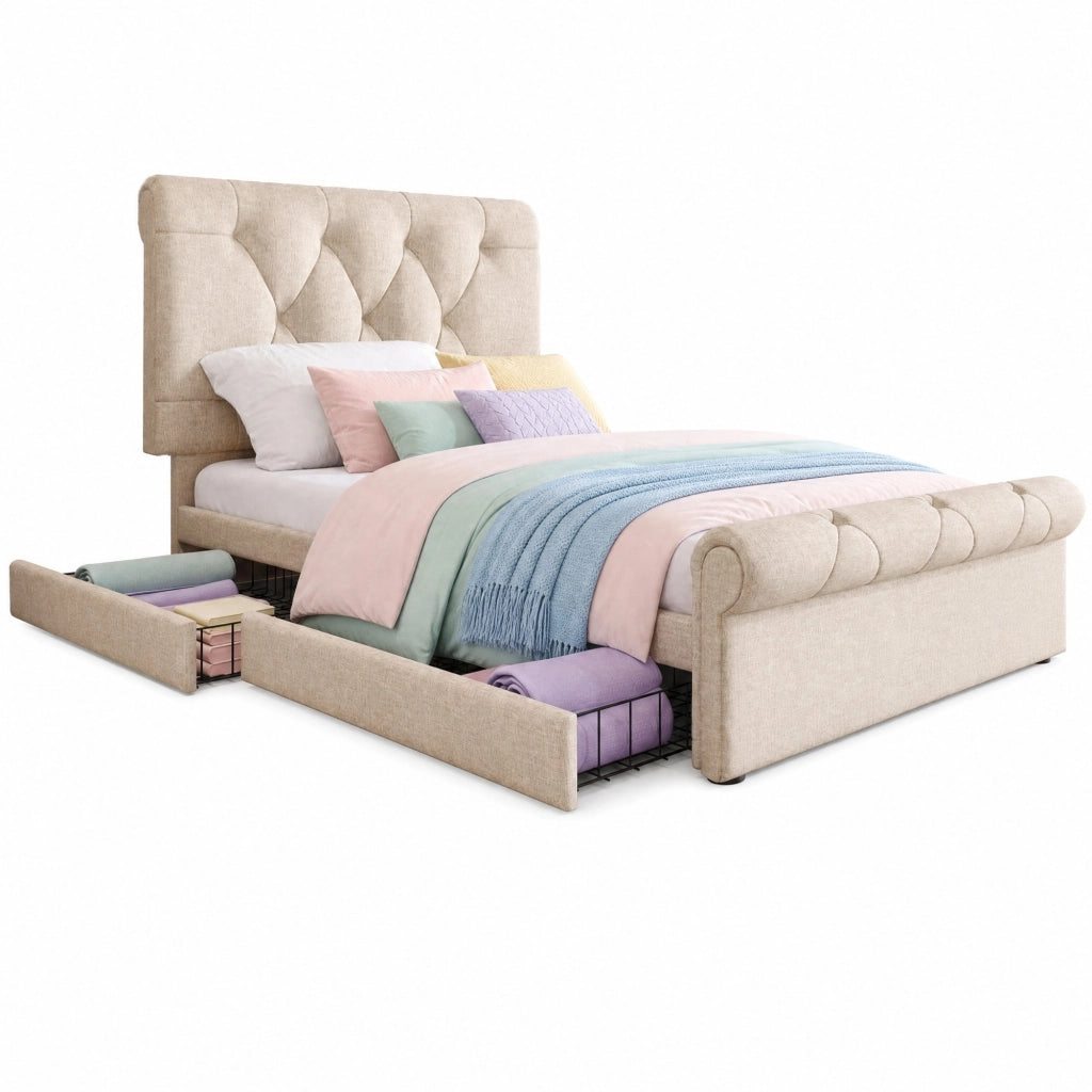 Letto singolo imbottito 90x200 cm con 2 cassetti, testiera regolabile, naturale