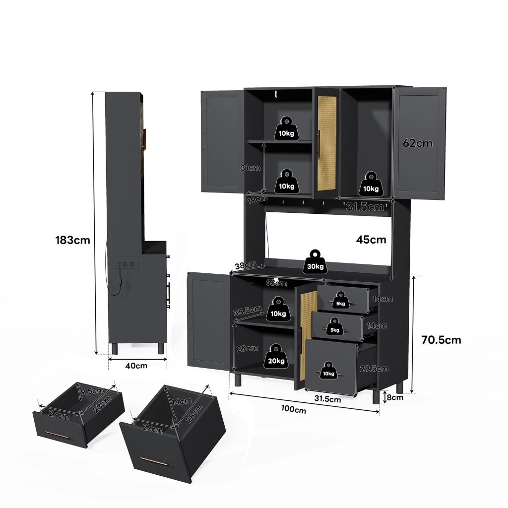 Credenza da Cucina con 3 Cassetti 3 Ante LED; Prese e USB; Ripiani Regolabili; in MDF; Nera