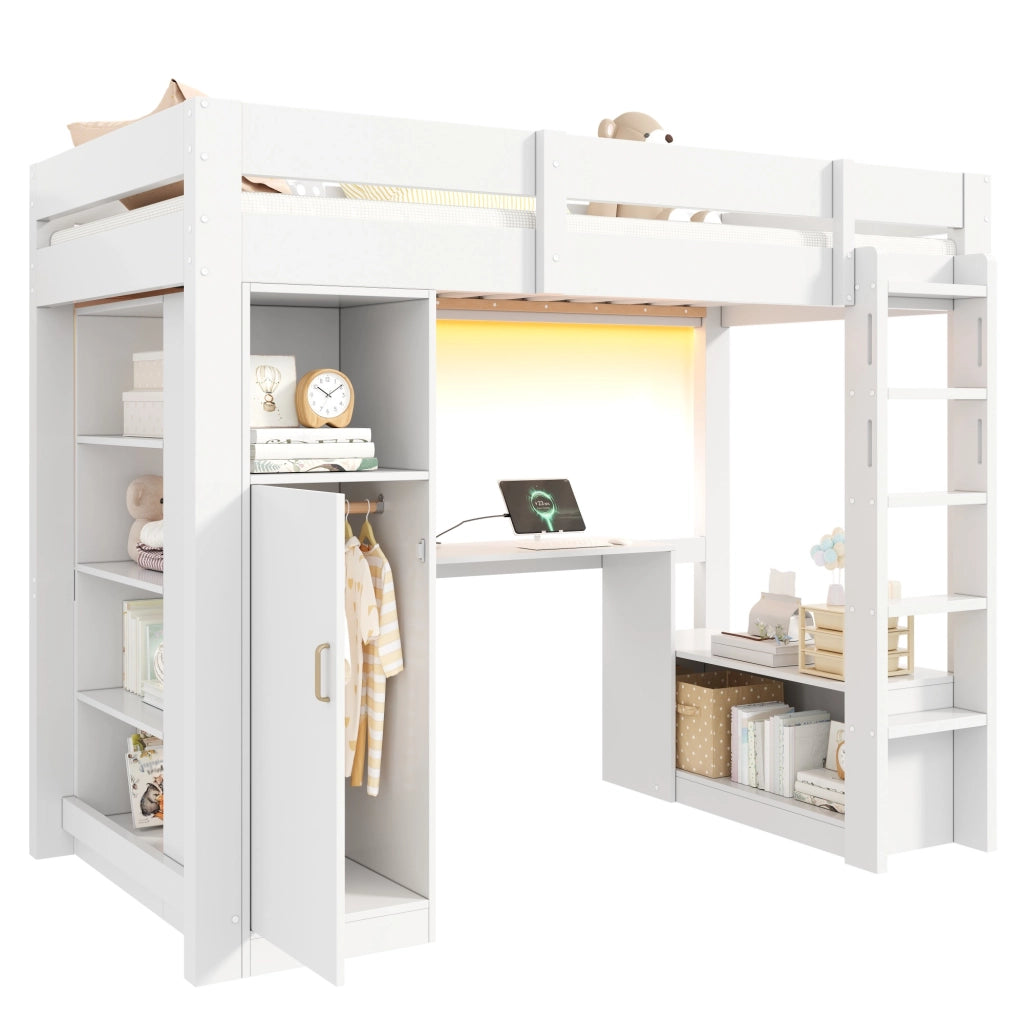 Letto a Soppalco 90 x 200 cm; Letto Singolo - Scrivania; Armadio; LED e USB - Bianco