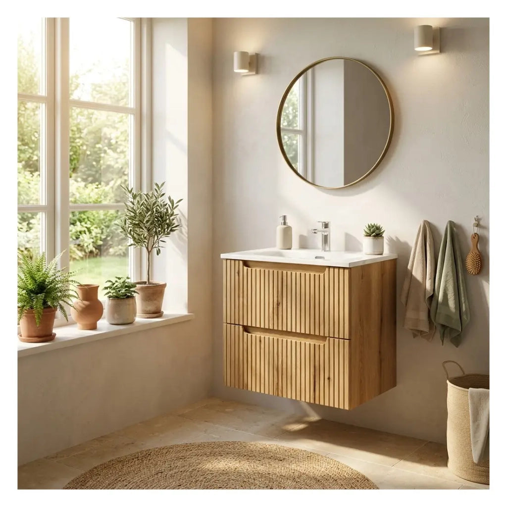 Set bagno sospeso VANO in rovere chiaro 60cm: mobile sottolavabo con cassetti + lavabo incassato