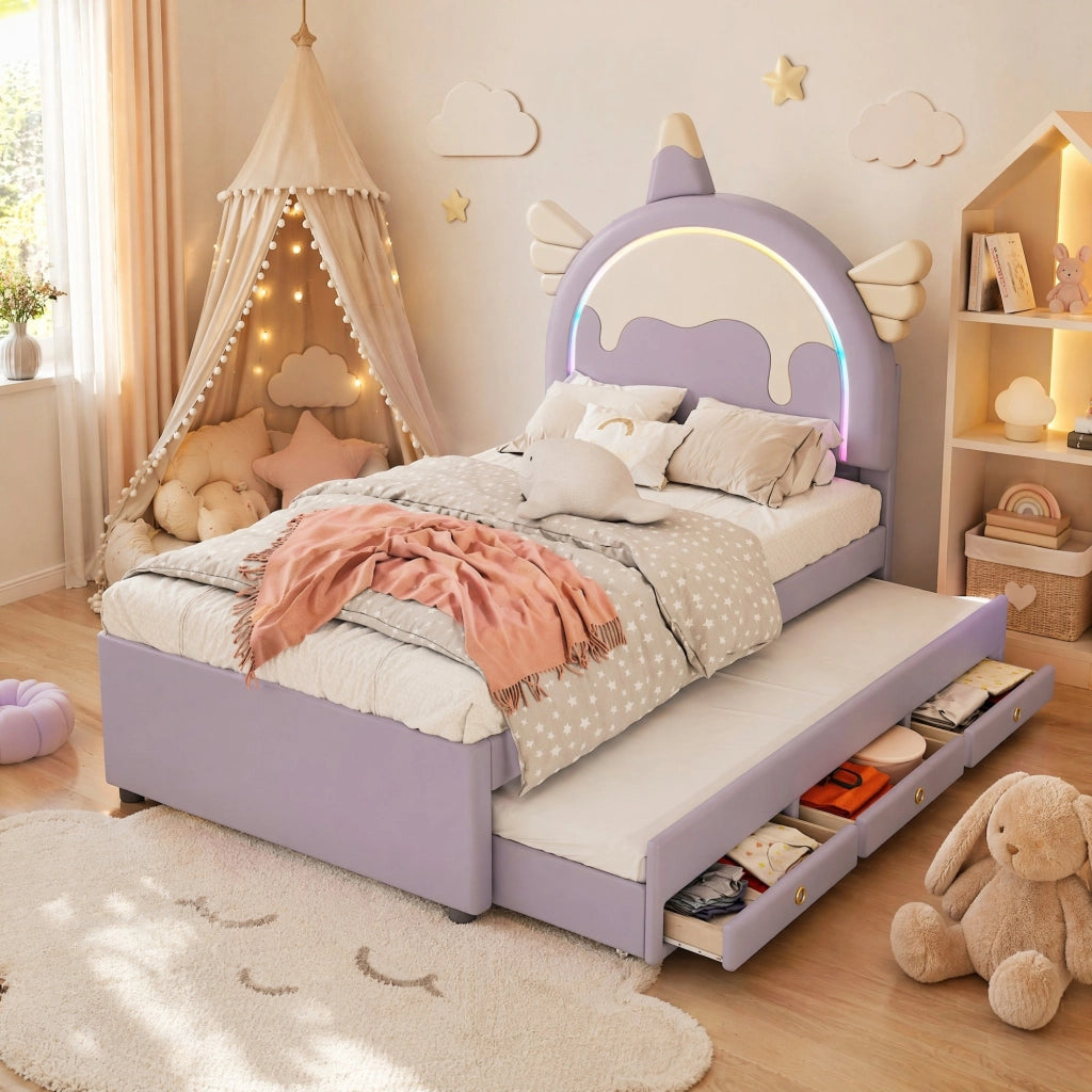 LETTO per bambini a forma di unicorno 90x200 cm PU viola con letto estraibile