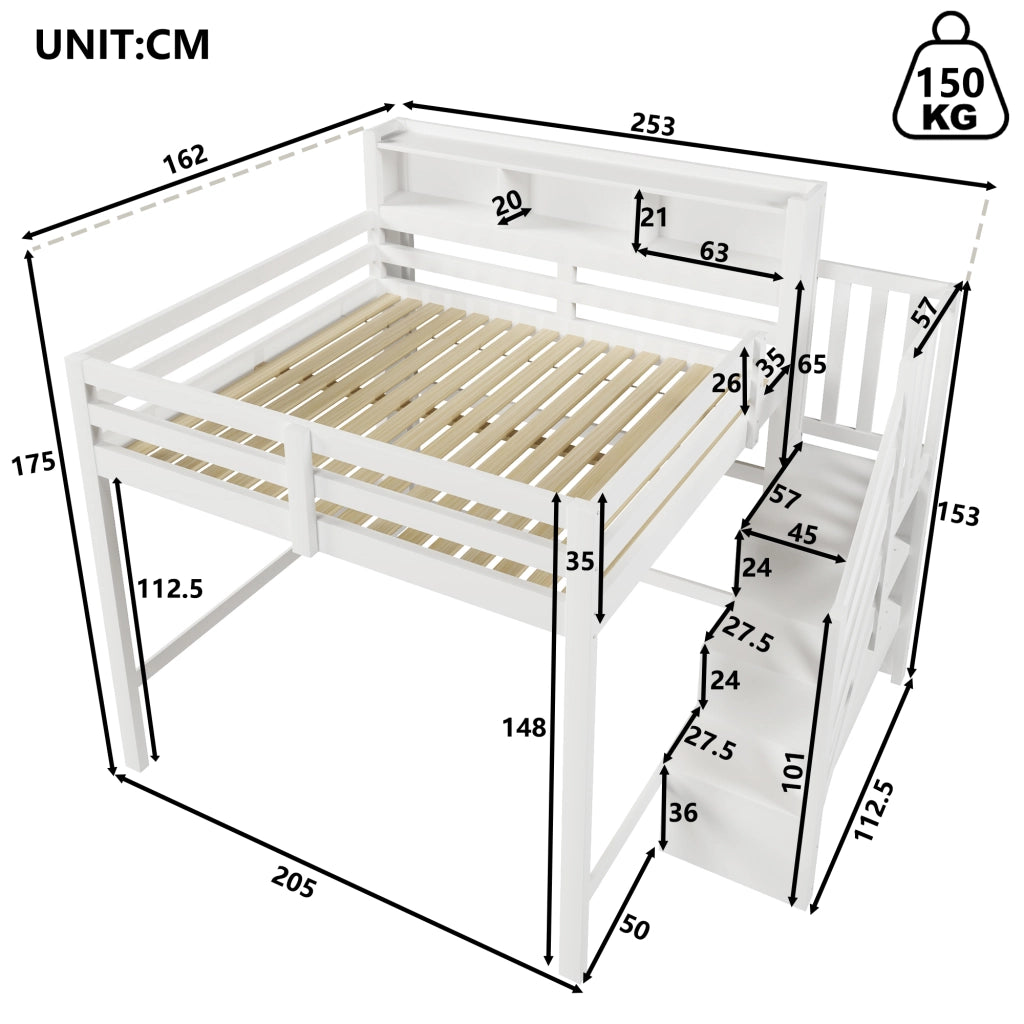 LETTO A SOPPALCO 140x200 cm Bianco con LED e scala contenitore