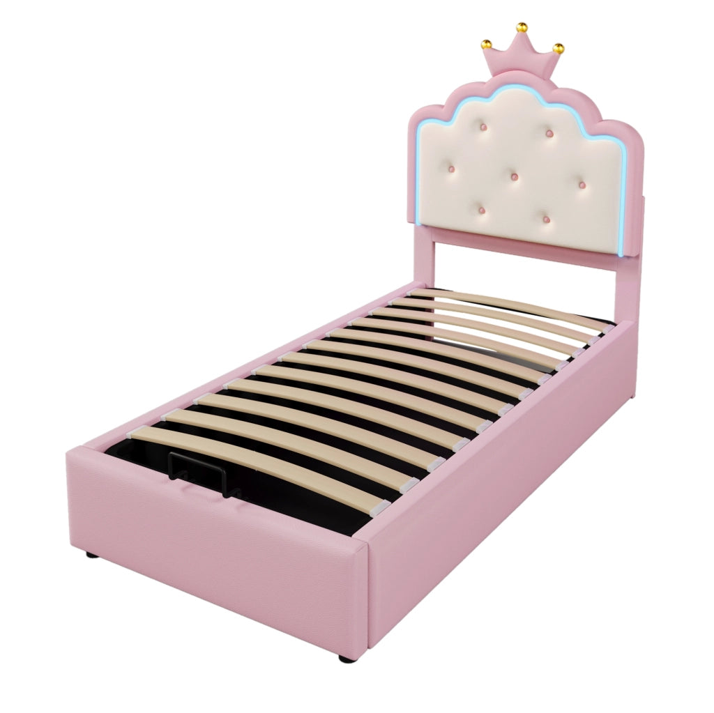 Letto per bambini imbottito 90x200 cm in PU e MDF con luce LED e contenitore; rosa