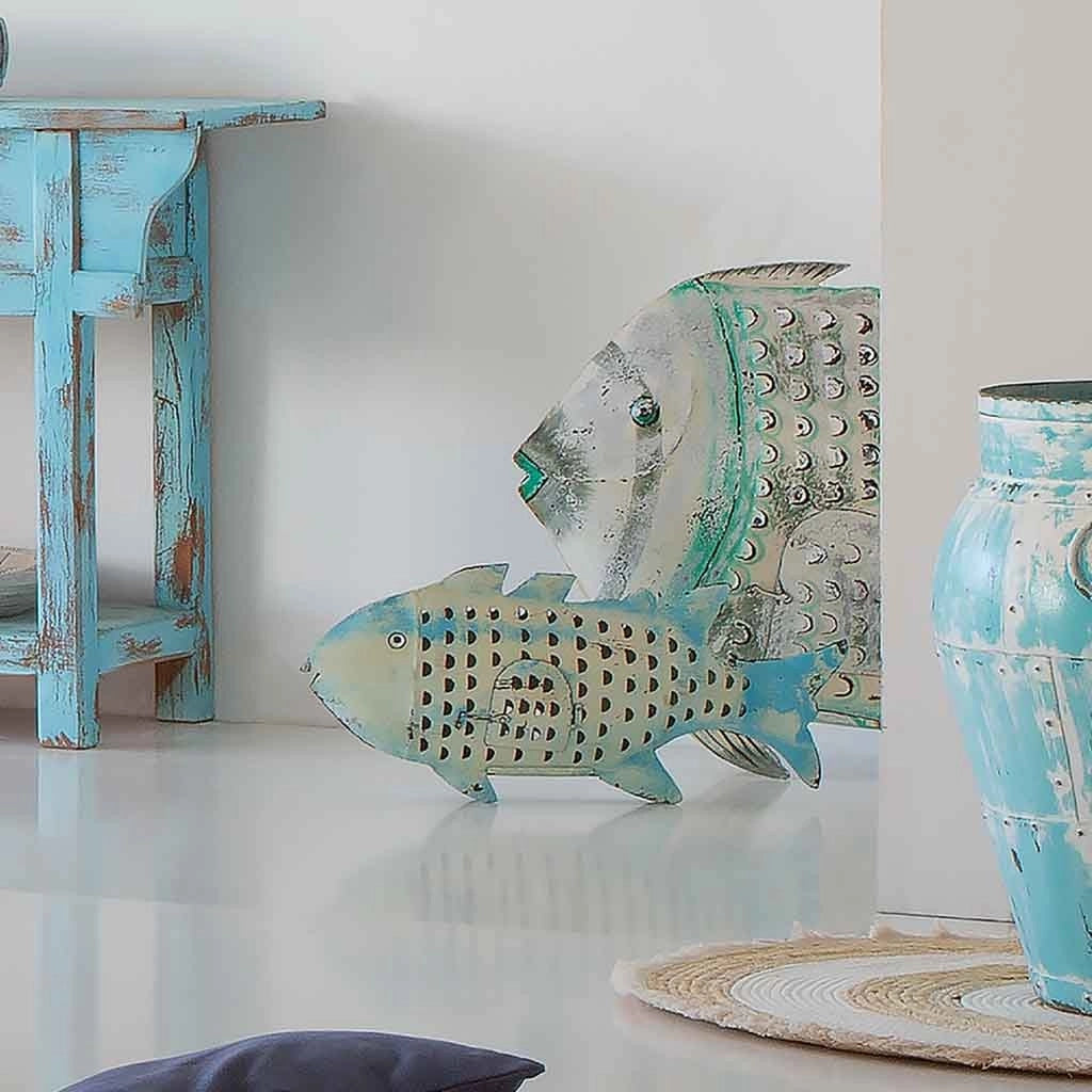 Portacandele pesce in metallo invecchiato blu 60x10x28h cm