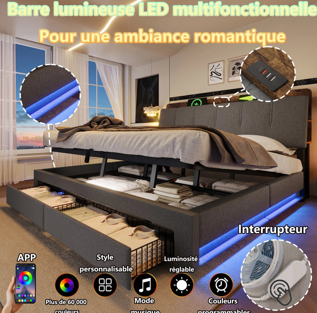 Letto matrimoniale imbottito ULEVR 180x200 cm con contenitore idraulico, LED, USB e Type-C, lino grigio