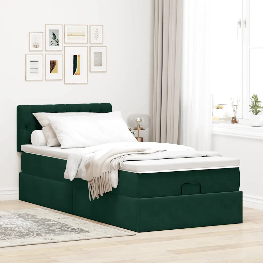 Pouf Letto con Materasso e LED Verde Scuro 90x200cm in Velluto