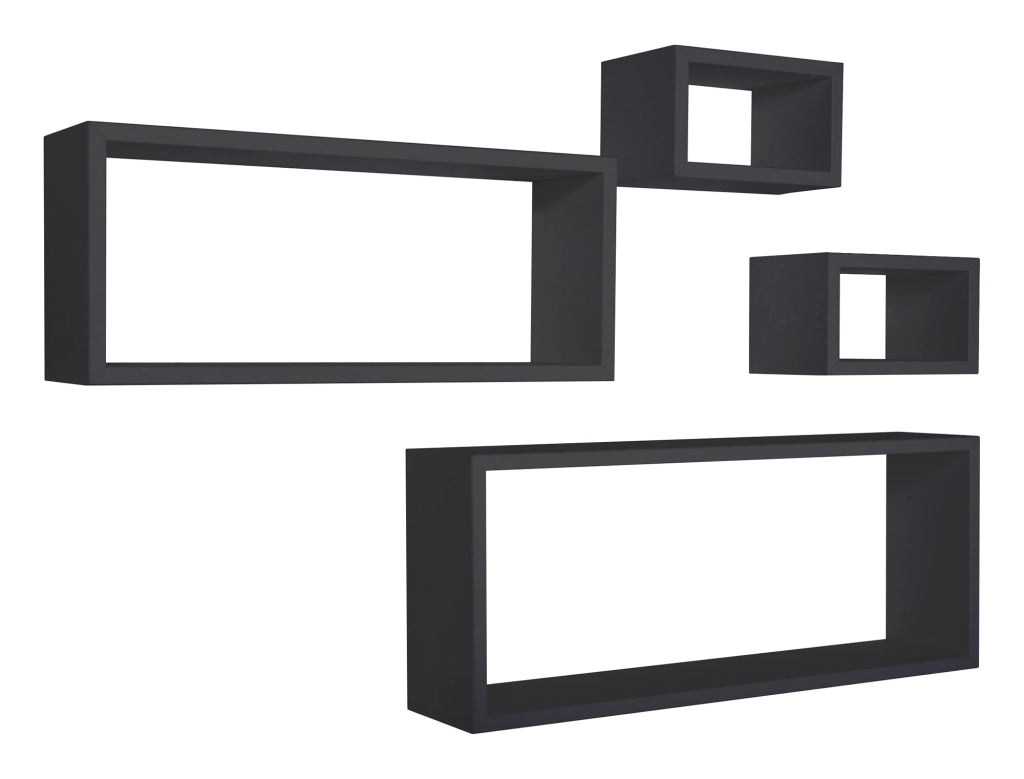 Set 3 Mensole Cubo da Parete Quadrato e Rettangolare in Fibra di Legno Merlino Nero