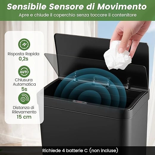 56L Pattumiera in Acciaio Inossidabile, Cestino della Spazzatura con Sensore di Movimento e 2 Contenitori Interni Rimovibili, Coperchio a Chiusura Lenta per Cucina Soggiorno Ufficio (Nero)