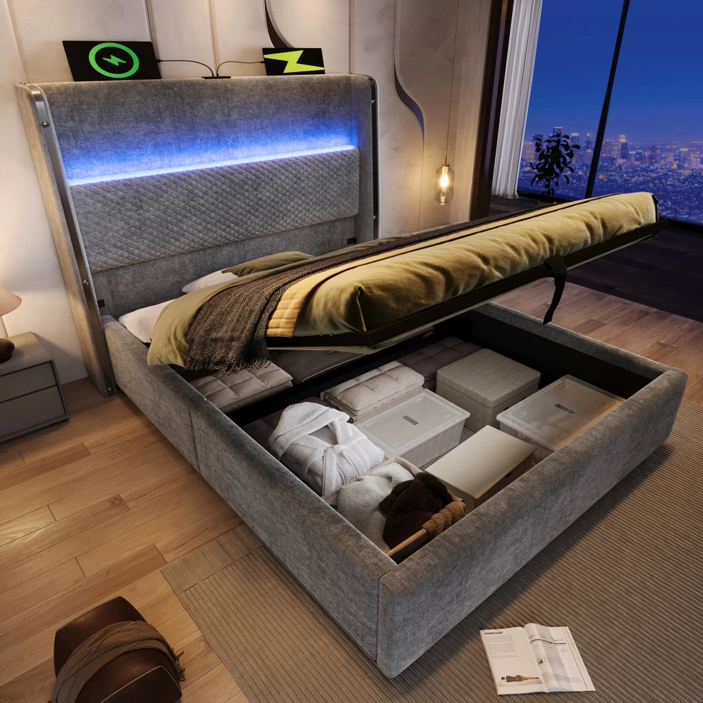 LETTO Idraulico con testiera alta 90x200 cm Grigio in lino con materasso incluso