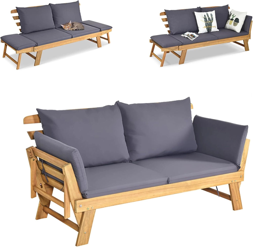 Divano Esterno Giardino 2 Posti, 2 in 1 con Cuscino Morbido, Divanetto da Esterno in Legno di Acacia con Braccioli Regolabili, Sdraio per Terrazza e Cortile, 198/157 x 75 x 75 cm (Bianco)