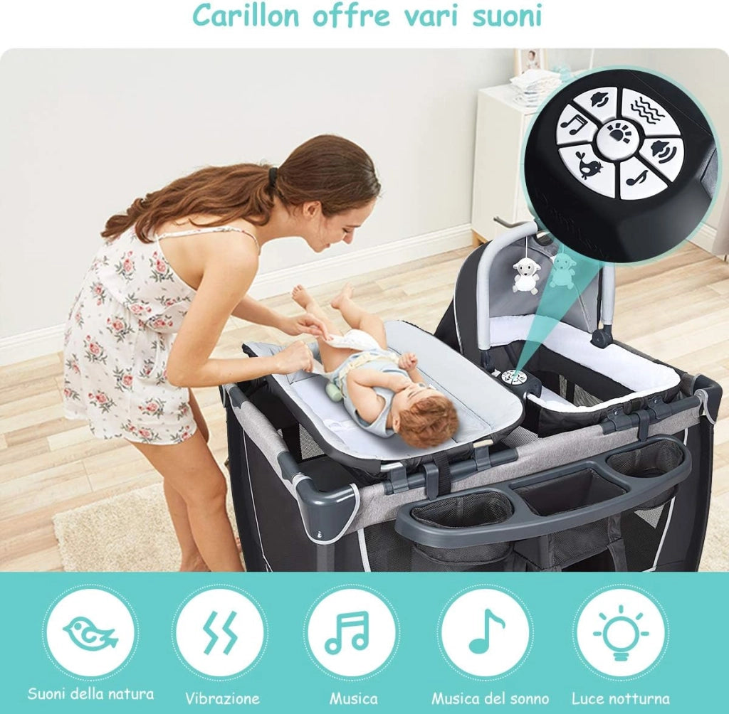 4 in 1 Lettino Neonato da Viaggio Pieghevole con Materasso, Culla da Campeggio con Fasciatoio e Giocattolo, per Bambini 0-36 Mesi fino a 15 kg (Grigio Scuro)