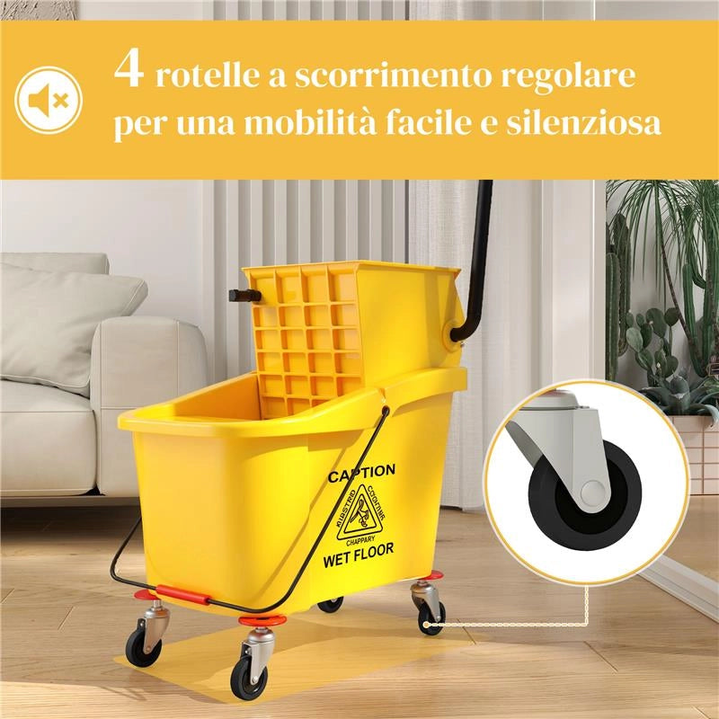 SECCHIO LAVAPAVIMENTI PROFESSIONALE 36L CON MOCIO STRIZZATORE RUOTE E MANICO 55X37X65 CM GIALLO