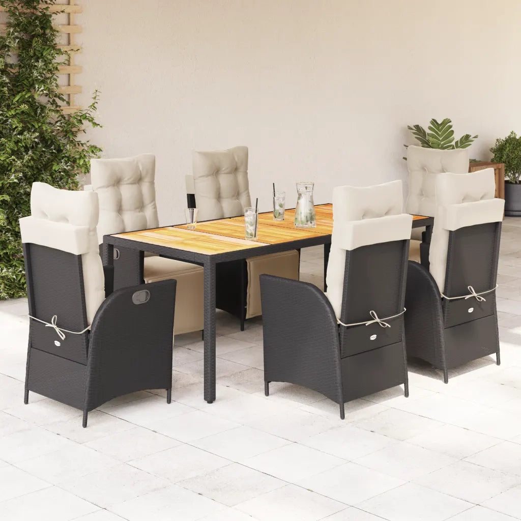 Set da Pranzo da Giardino 7 pz Nero con Cuscini in Polyrattan