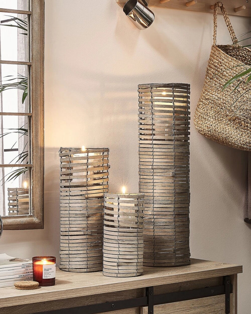 Set di 3 portacandele in legno di pioppo chiaro portacandele in vetro varie misure design boho quadrato alto