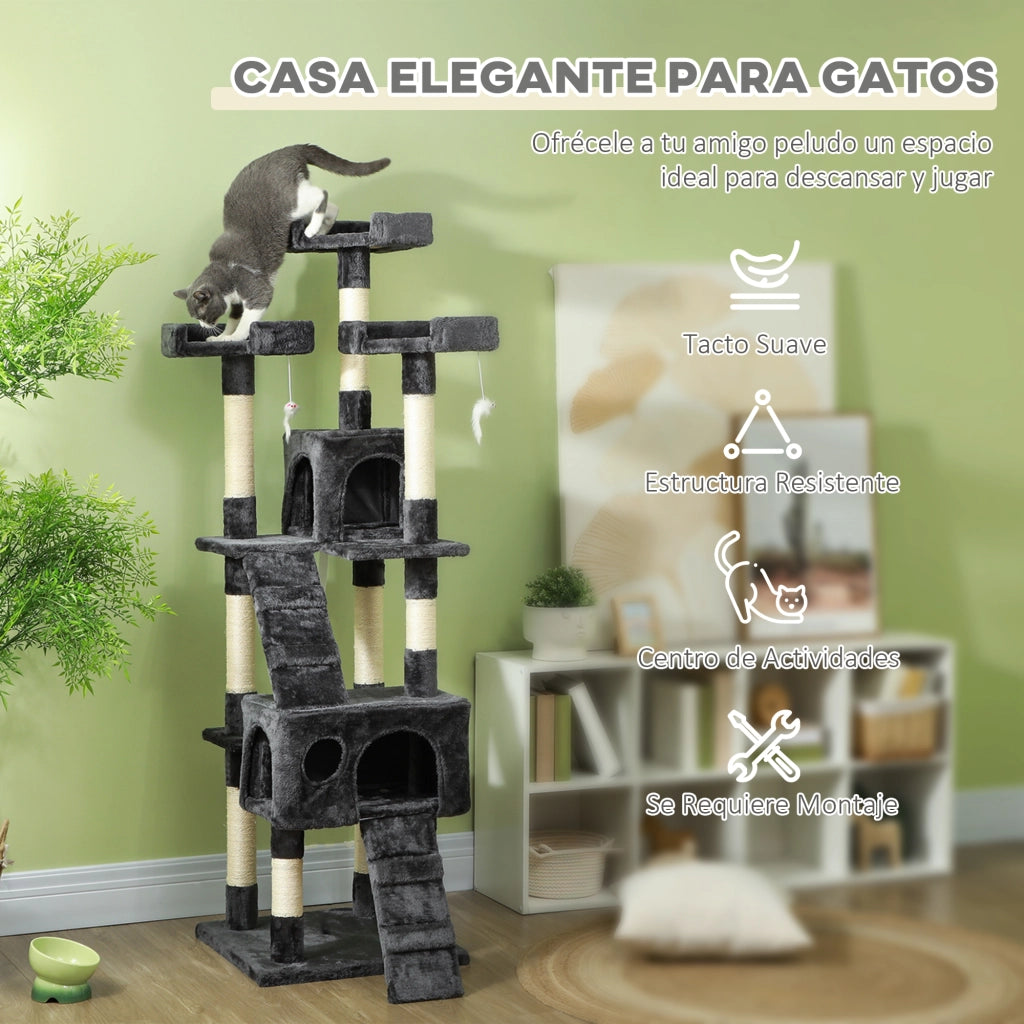 Albero tiragraffi per gatti con piattaforme, rampe e tane ¨C zephmum ¨C 173 cm grigio