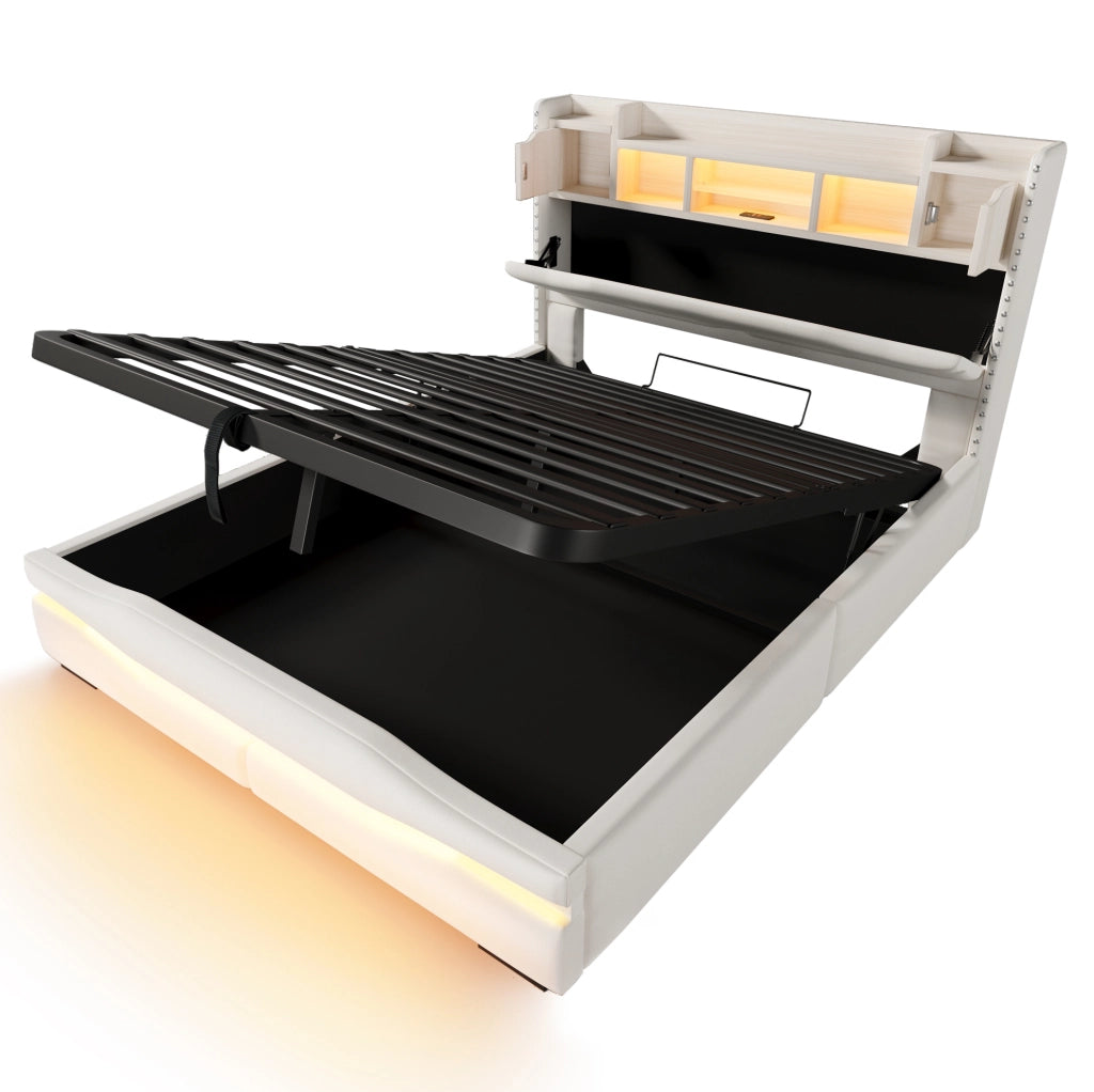 Letto imbottito 160x200 cm con contenitore e LED; prese USB e Tipo-C in lino beige