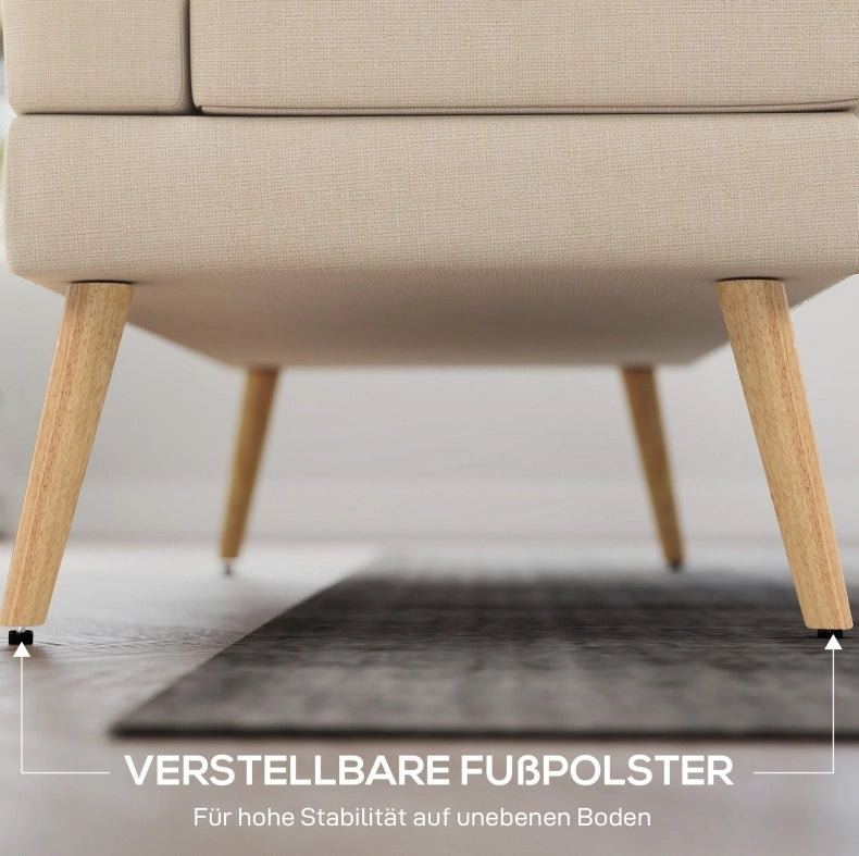 Divano 2 posti beige con schienale trapuntato e gambe in legno