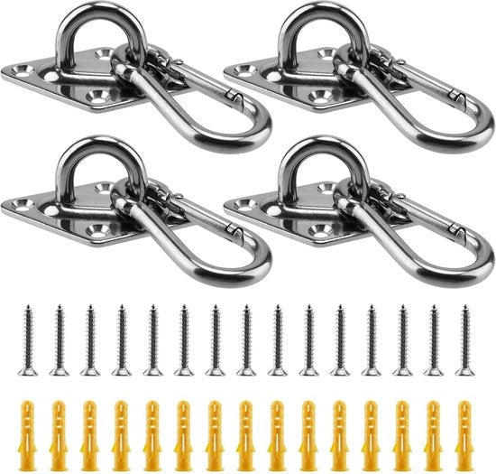 Set di Ombrelloni in Acciaio Inossidabile - 4 pezzi - Grucce per soffitto fino a 650 kg - Grucce di fissaggio - Grucce a carabina - Incluso 16 viti