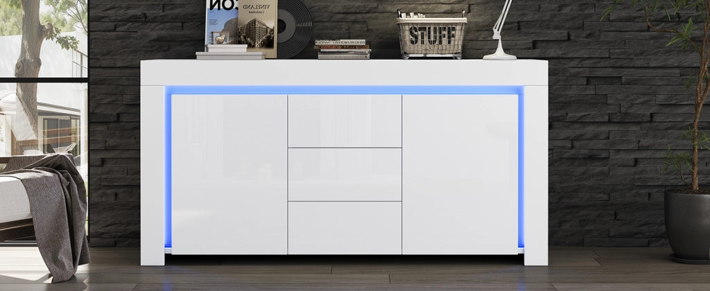 Credenza Moderna Bianca Mobile Soggiorno 140 cm con LED 2 Ante 3 Cassetti
