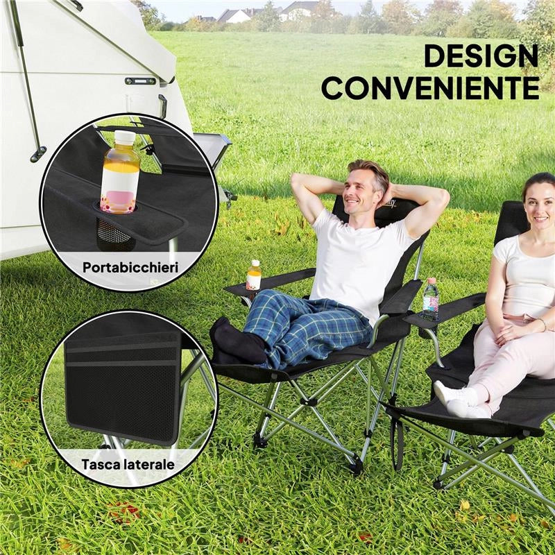 SET 2 SEDIE DA CAMPEGGIO PIEGHEVOLI CON POGGIAPIEDI STACCABILE E PORTABICCHIERI 82X50/100X88 CM NERO